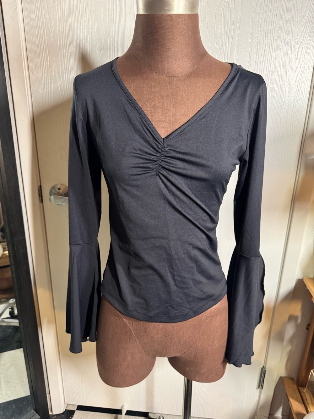 Newport Black V-Neck Ruched Front Bell Sleeve Top